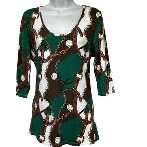 Venus clock print v neck green blouse Size 8